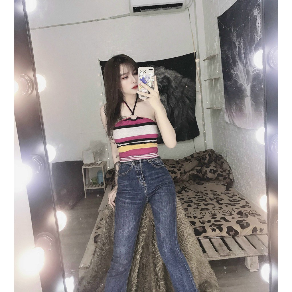 Áo kiểu yếm khoen đan dây lưng phối màu sọc kèm mút cực hot , chất thun bozip mềm mịn ( ảnh thật )