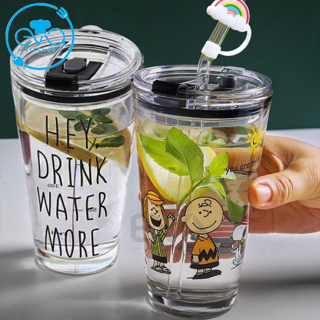 Ly Cốc Thuỷ Tinh Chia Vạch Hoạt Hình 450 Ml Kèm Ống Hút Nắp Silicone 3D Hoạt Hình Ngỗ Nghĩnh SP4728