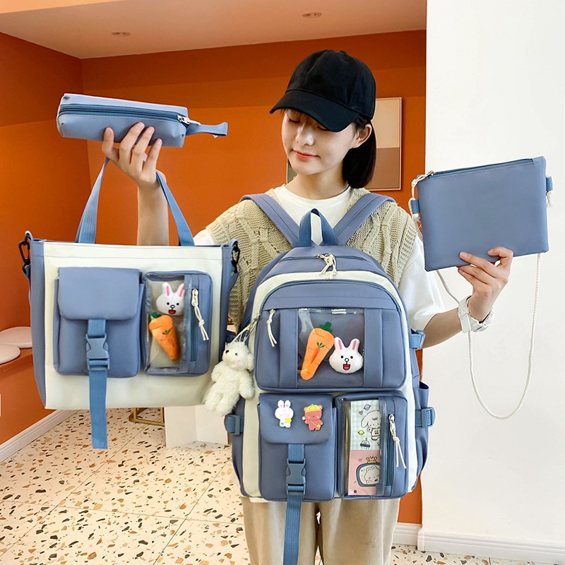 Set 4 ba lô túi ví canvas JASMIN NOIR họa tiết hoạt hình dễ thương cho nữ