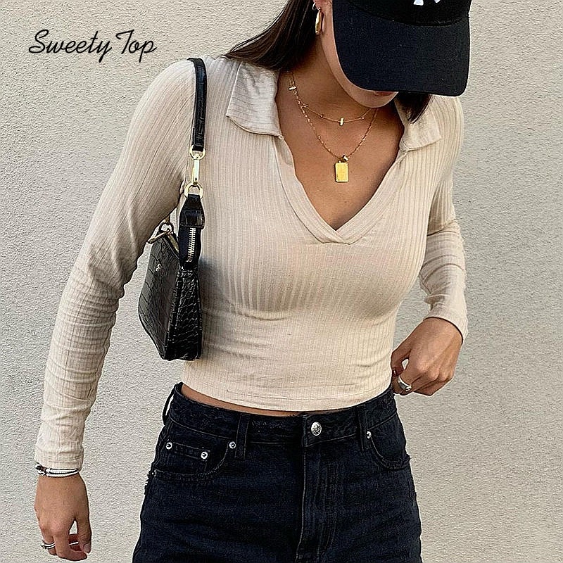 Sweetytop Áo Thun Nữ Tay Dài Cổ Chữ V Gợi Cảm 2021 | BigBuy360 - bigbuy360.vn