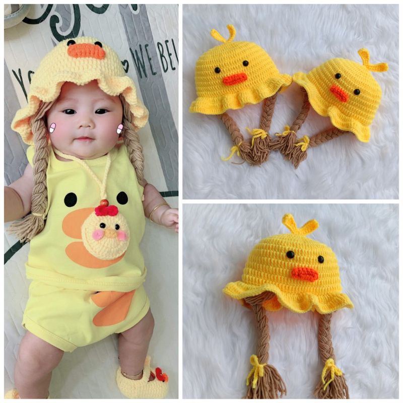 Mũ len tóc giả, vịt vàng cho bé từ sơ sinh trở lên