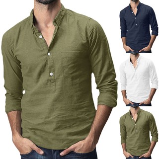 [Ready  Stock]Men Baggy Cotton Linen Solid Pocket Long Sleeve Turn-down Collar T-Shirts Tops