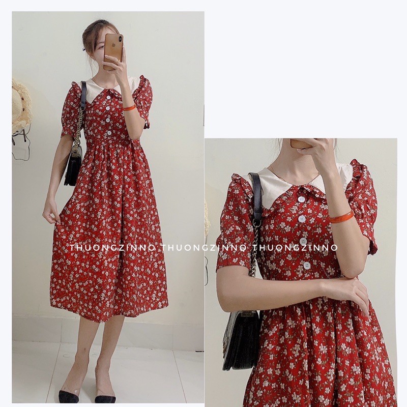 Váy hoa Vintage cổ sen Quý Tộc Đầm hoa dáng xoè chiết eo Quảng Châu | BigBuy360 - bigbuy360.vn