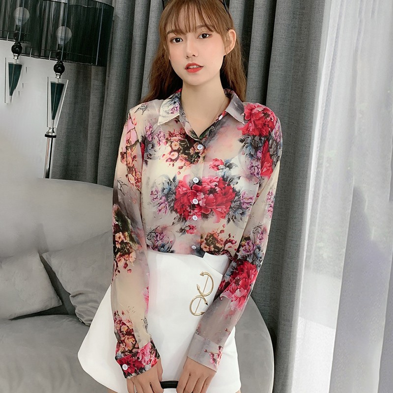 Áo Sơ Mi Nữ Tay Dài Dáng Rộng In Hoa Phong Cách Hàn Quốc