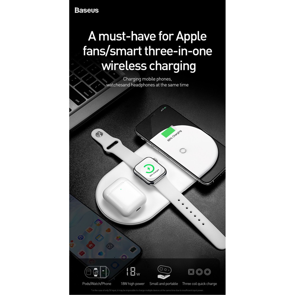 Đế sạc nhanh không dây 3 in 1 hỗ trợ sạc cho Apple Airpods / Appe Watch / Smartphone hiệu Baseus ( SALE )