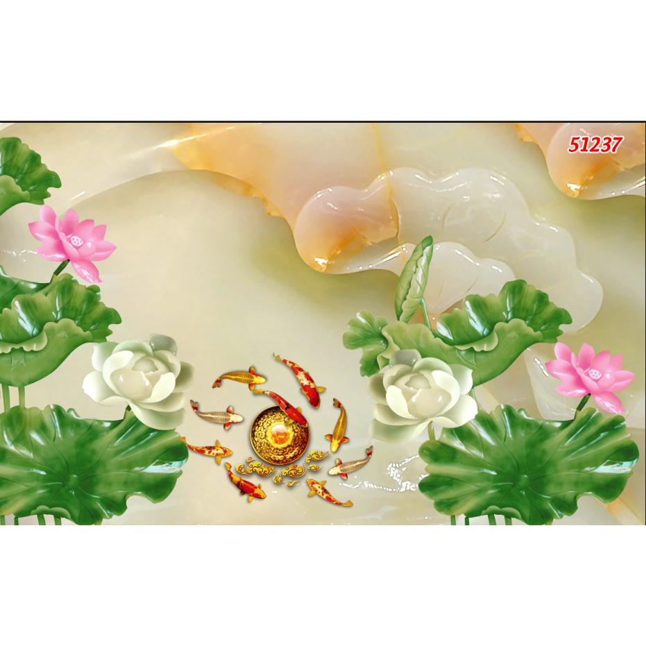 Tranh 3d dán tường chủ đề cá chép cá koi hồ sen thác nước