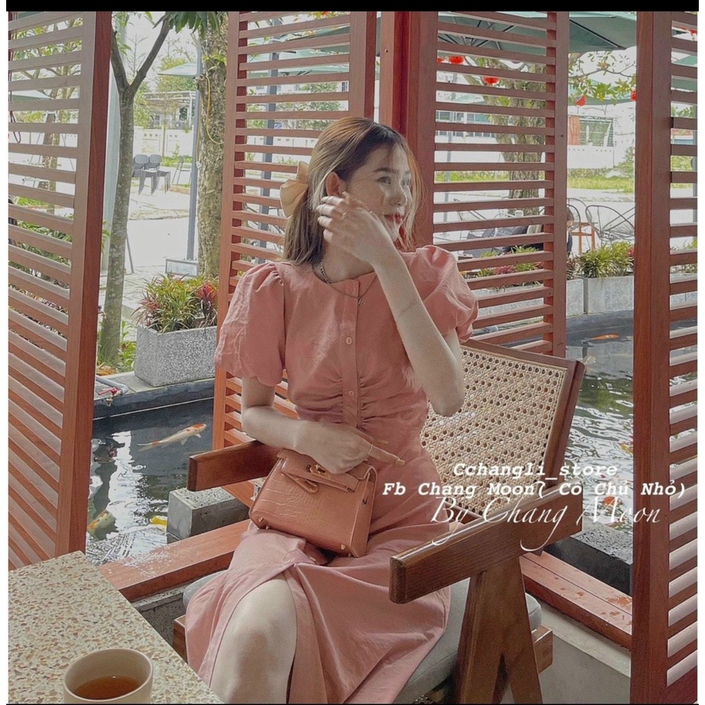 ĐẦM CÔNG SỞ CHỮ A DÁNG DÀI QUA CỔ TRÒN TAY BỒNG THIẾT KẾ CÚC GIỮA TRƯỚC