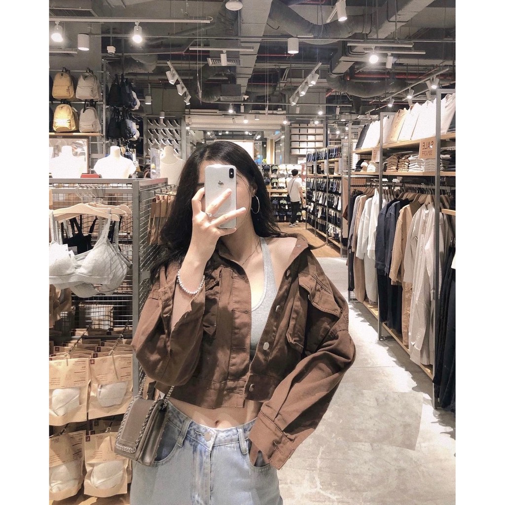 Áo Sơ Mi Kaki Croptop PEONYB Nữ [FREESHIP] 🌸 Jacket vintage thiết kế tay dài túi hộp cá tính màu TRẮNG | NÂU Ulzzang 🌸