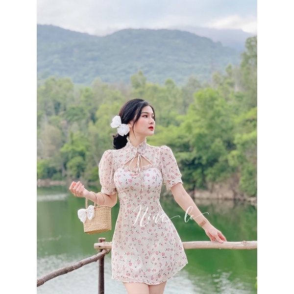 ĐẦM hoa khoét có mút cúp ngực tay ngắn bồng - 22.Lystore