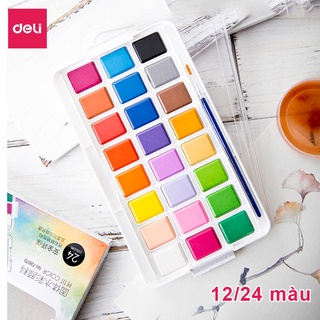 Deli Màu nước dạng nén 12màu/24màu chứa khay và cọ đạt tiêu chuẩn và an toàn với người dùng