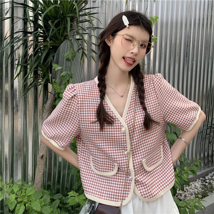 Áo cardigan SUXI tay ngắn cổ chữ V họa tiết ca rô thời trang thanh lịch dành cho nữ