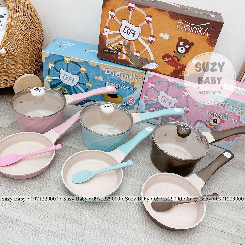 Bộ nồi chảo đá didinika họa tiết gấu nấu ăn dặm cho bé
