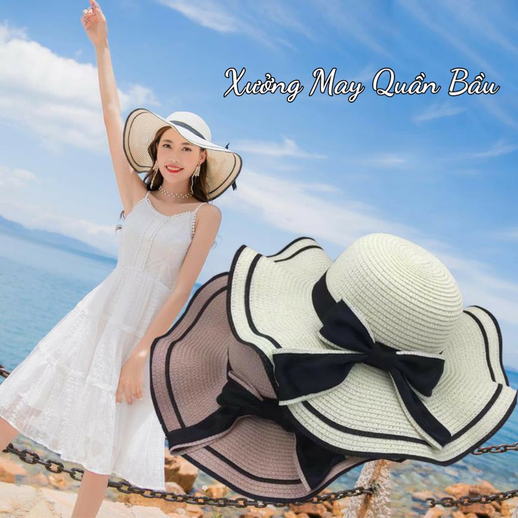 Mũ cõi vành rộng thắt nơ siêu xinh - nón cói đi biển nữ vành lớn đai nơ phong cách vintage chống nắng