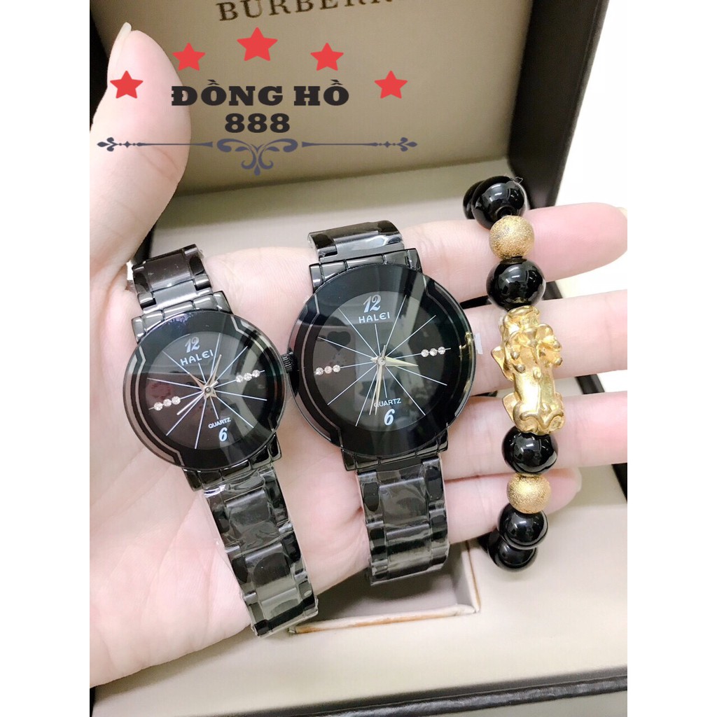 Cặp đồng hồ nam nữ HALEI dây thép- TẶNG 1 vòng tỳ hưu phong thủy