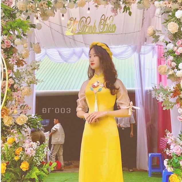 Áo Dài Cách Tân Nữ Dáng Lửng Tay Tơ Lụa Bồng Thân Đính Hoa Lá Cành Đẹp GI021