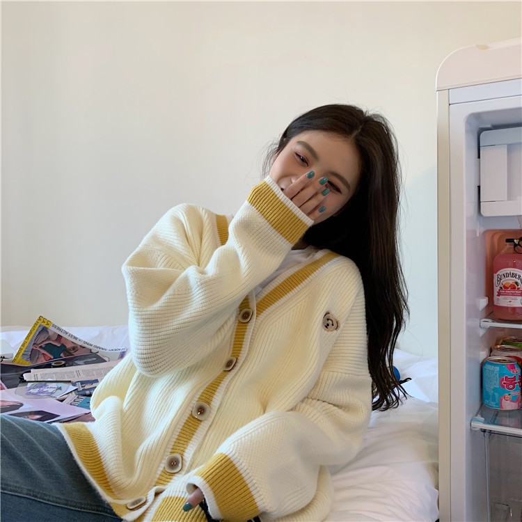 Áo len cardigan phối thêu gấu Ulzzang HQ kèm ảnh thật
