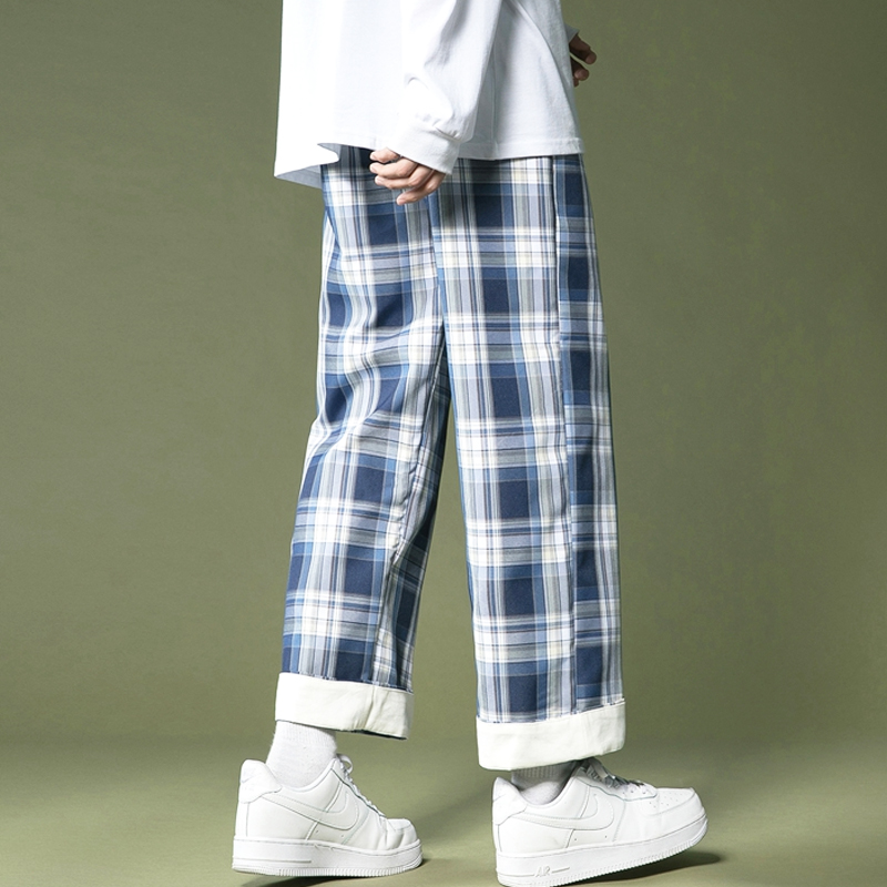 Men's Wide-legged Plaid Pants Korean Style Straight Baggy Pants for Men Loose Casual Fashion Trousers Unisex