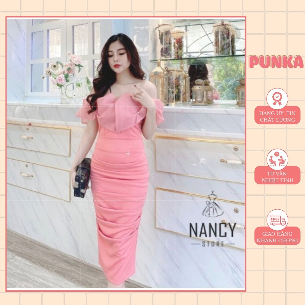 Đầm dự tiệc nữ body cao cấp cúp ngực tay trễ hồng, tiểu thư sang chảnh