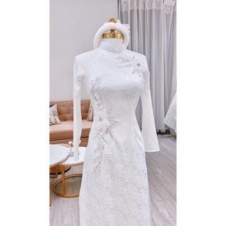 Áo dài trắng cô dâu 2 tà gấm hoa cúc, áo dài cưới , thảo ny bridal mã ad36