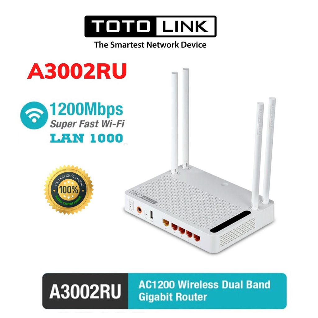 Bộ Phát Wifi Totolink A720R Chuẩn AC1200Mbps 4 Râu ,Totolink A3002RU Chuẩn AC1200Mbps 4 Râu Xuyên Tường -Hàng Chính Hãng