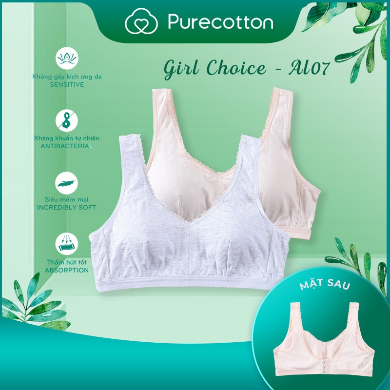 Combo đủ màu áo lót không gọng Purecotton cho bé gái chất liệu cotton cao cấp kiểu dáng cài sau có đệm mỏng PC020