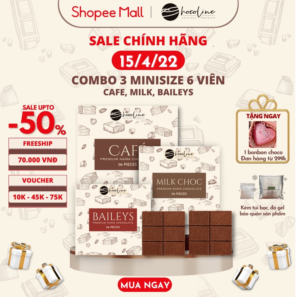 Combo 3 Hộp Mini - 3 Vị Socola Tươi Nama Nguyên Chất Chocolate Vị Sữa &amp; Cà Phê &amp; Vị Kem Sữa Baileys