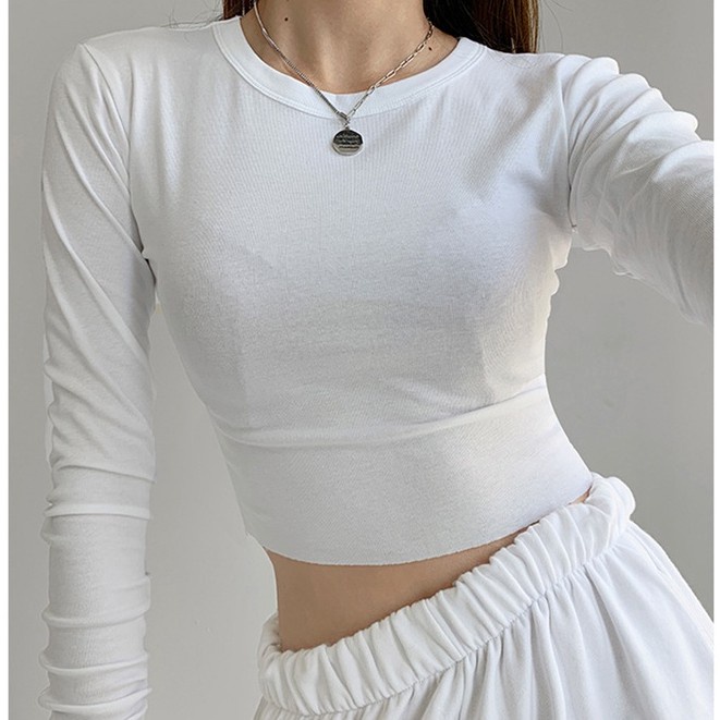 WANG JIAO ZHAN Áo crop top tay dài màu sắc thời trang cho nữ