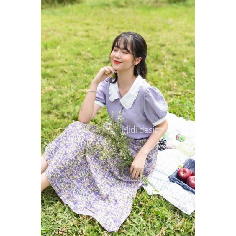 [ FREESHIP 50K ] - Set áo sơ mi trắng  chân váy xòe xếp ly hoa nhí