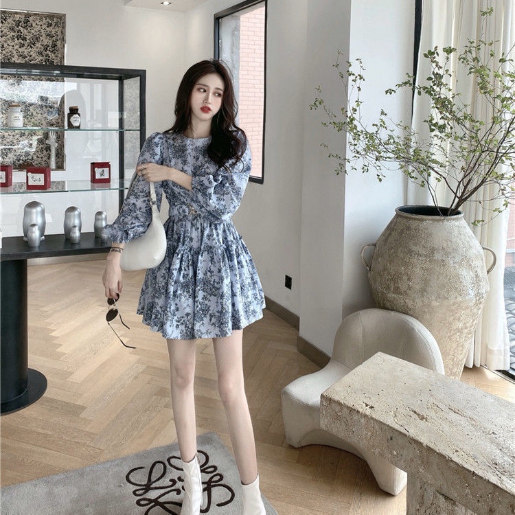 Đầm tay dài cổ tròn in họa tiết thời trang mùa thu cho nữ 2023