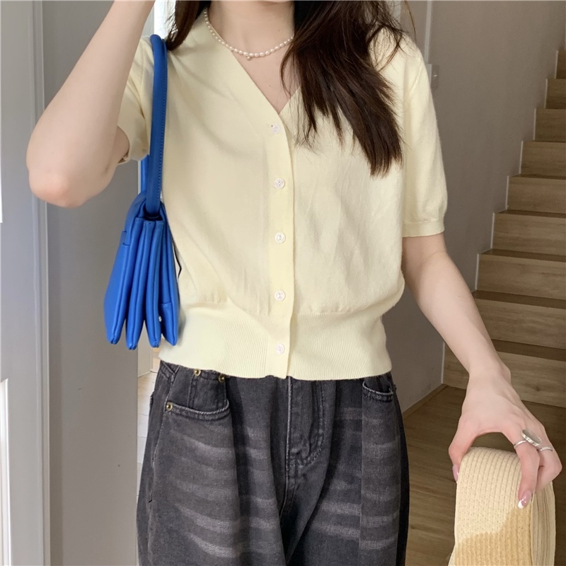 Áo Cardigan Dệt Kim Ngắn Tay Cổ Chữ v Phối Hàng Nút Thời Trang Mùa Hè 51554