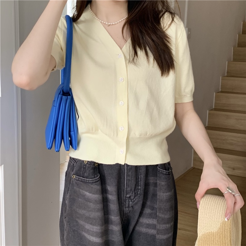 Áo Cardigan Dệt Kim Ngắn Tay Cổ Chữ v Phối Hàng Nút Thời Trang Mùa Hè 51554 | BigBuy360 - bigbuy360.vn