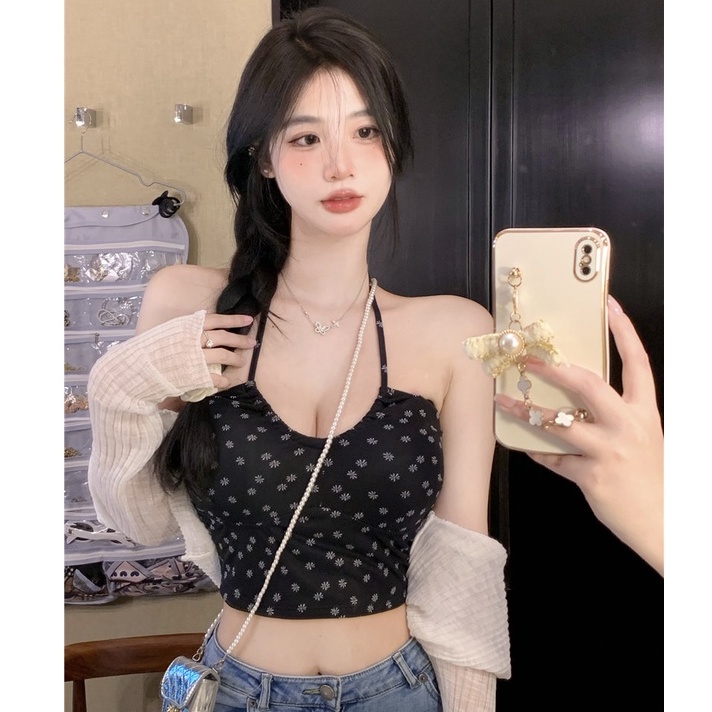 QKOOLE  Áo Tank top Hoạ Tiết Hoa Phong Cách Hàn Quốc