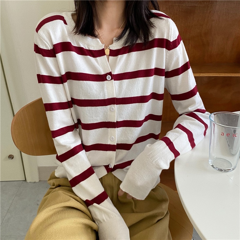 【ZHELIHANGFEI】Áo Khoác Cardigan Dệt Kim Tay Dài Dáng Rộng Kẻ Sọc Trẻ Trung Hợp Thời Trang