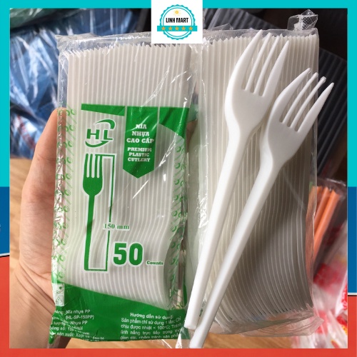 Nĩa nhựa dùng 1 lần gói 50 chiếc, dĩa nhựa trắng ăn tiện lợi LINHMART