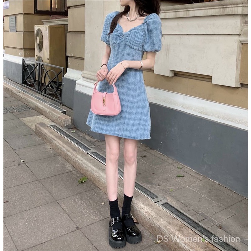 Đầm denim tay phồng dáng ngắn thiết kế ngọt ngào thời trang cho nữ