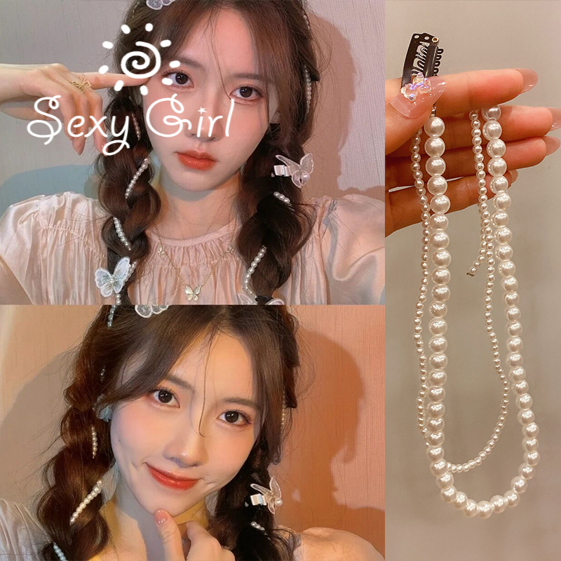 Dây Kẹp Tóc Đính Ngọc Trai Tua Rua Hình Bướm Xinh Xắn