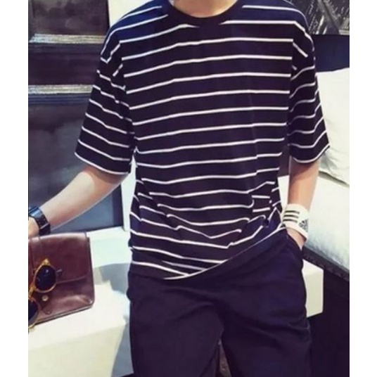 Áo Thun Nam Tay Lỡ Kẻ Ngang Vải Dày Mịn Thoáng Mát Phong Cách Hàn Quốc Đường May Tỉ Mỉ Màu Sắc Trẻ Trung
