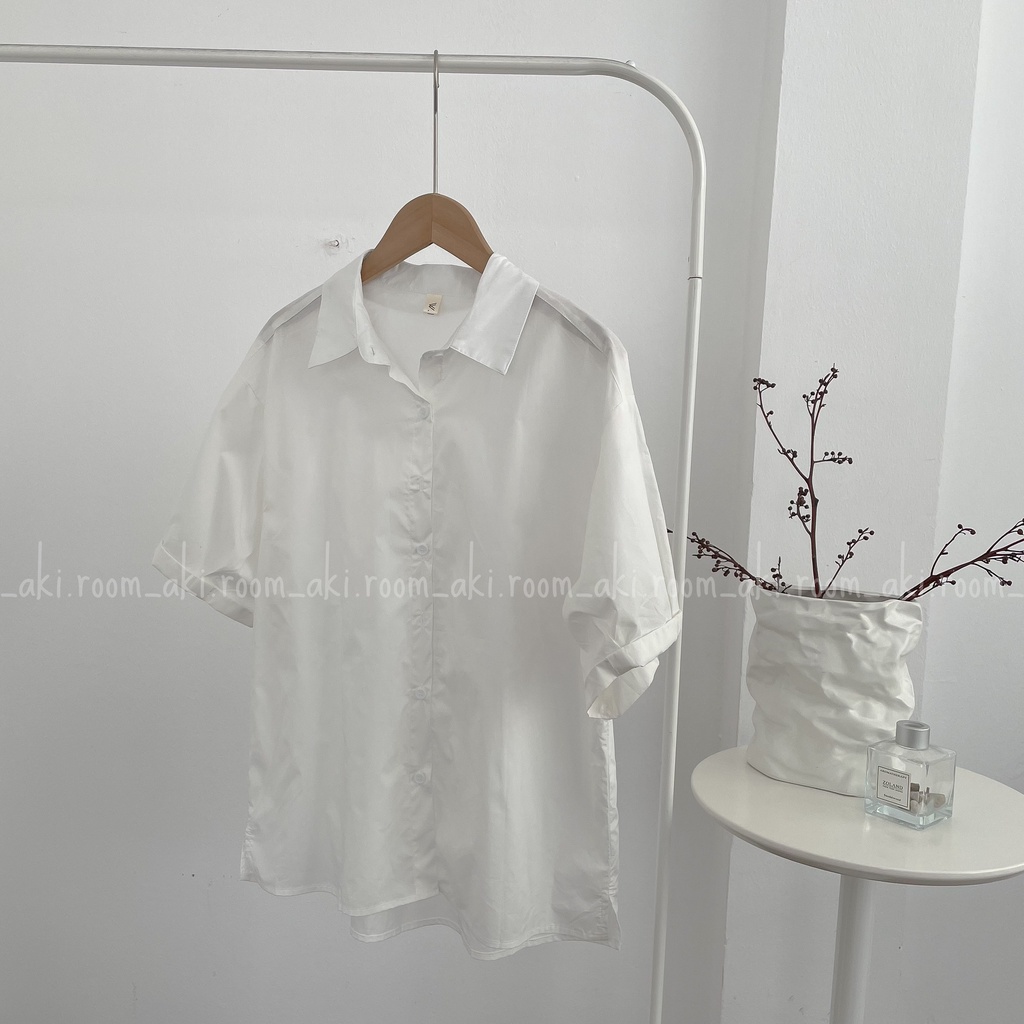 Áo sơ mi thô lụa tay cộc bo gập gấu W.M (trắng)