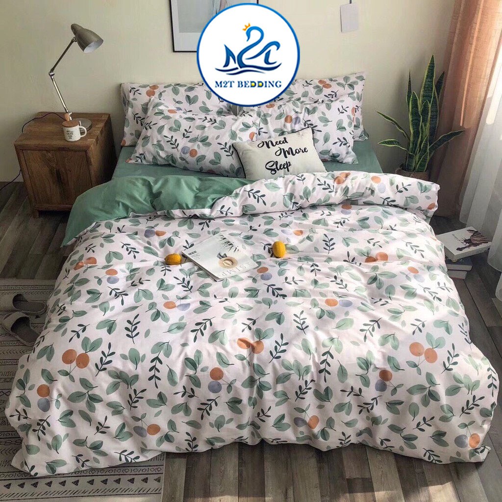 Bộ chăn ga gối Cotton poly M2T bedding Quả quất, vỏ chăn mền, drap giường và 2 vỏ gối