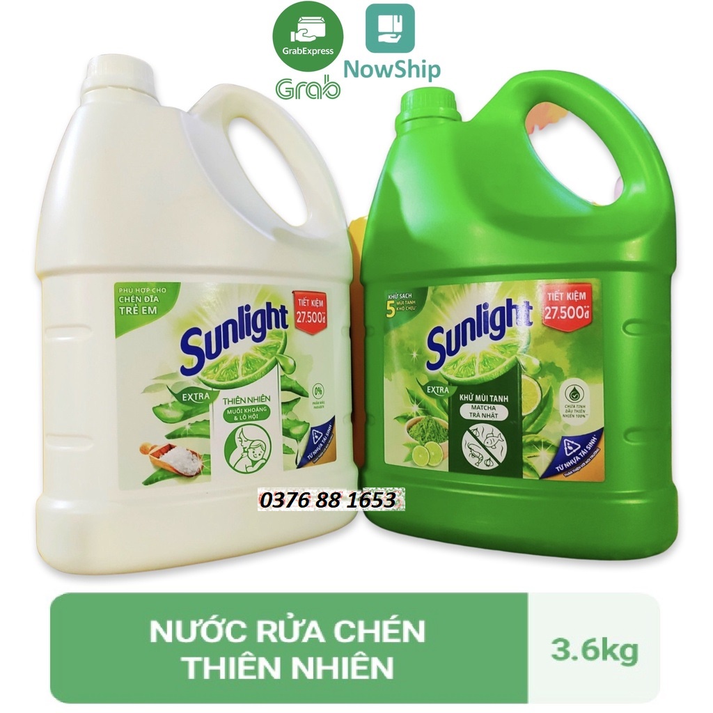 SUNLIGHT Nước rửa chén Trà Xanh, Muối Khoáng Lô Hội Trắng Can 3.6kg 3.6 kg