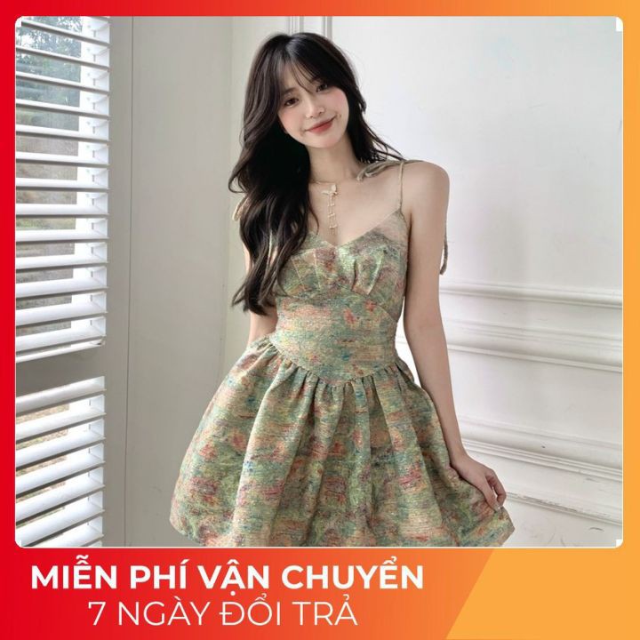 Đầm Hai Dây Họa Tiết Tranh Sơn Dầu Quyến Rũ Phong Cách Retro Cho Nữ