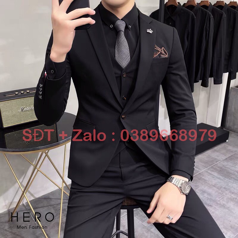 Bộ Vest Nam Cao Cấp Hàn Quốc Màu Đen, Chất Vải Sịn Sò, Cạp Quần Có Tăng Chỉnh Size. Suit Nam Màu Đen