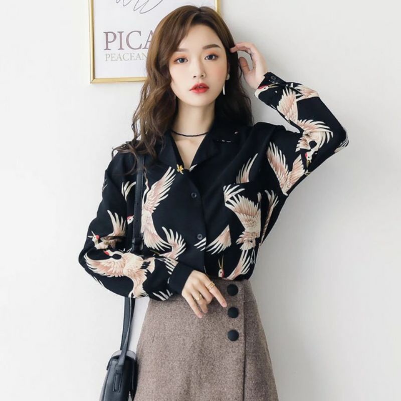 Áo Sơ Mi Tay Dài Dáng Rộng In Họa Tiết Chim Hạc Thời Trang Hàn Quốc Sang Trọng Cho Nữ