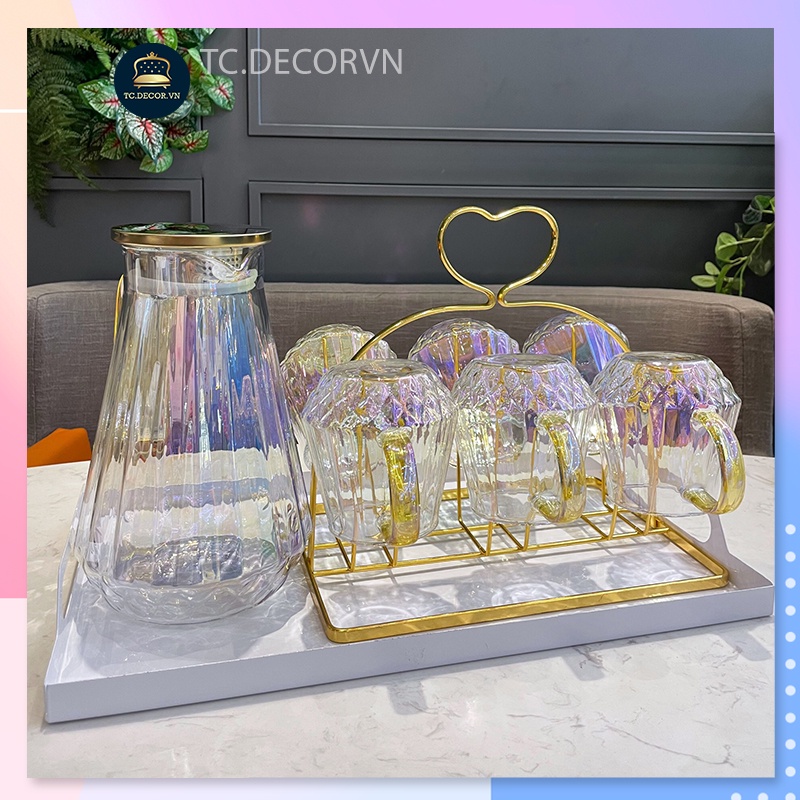 Set 6 Cốc + Bình Thuỷ Tinh Borosilicate Hoạ Tiết Bảy Sắc 🌸 Sang Trọng Tinh Tế 🌸