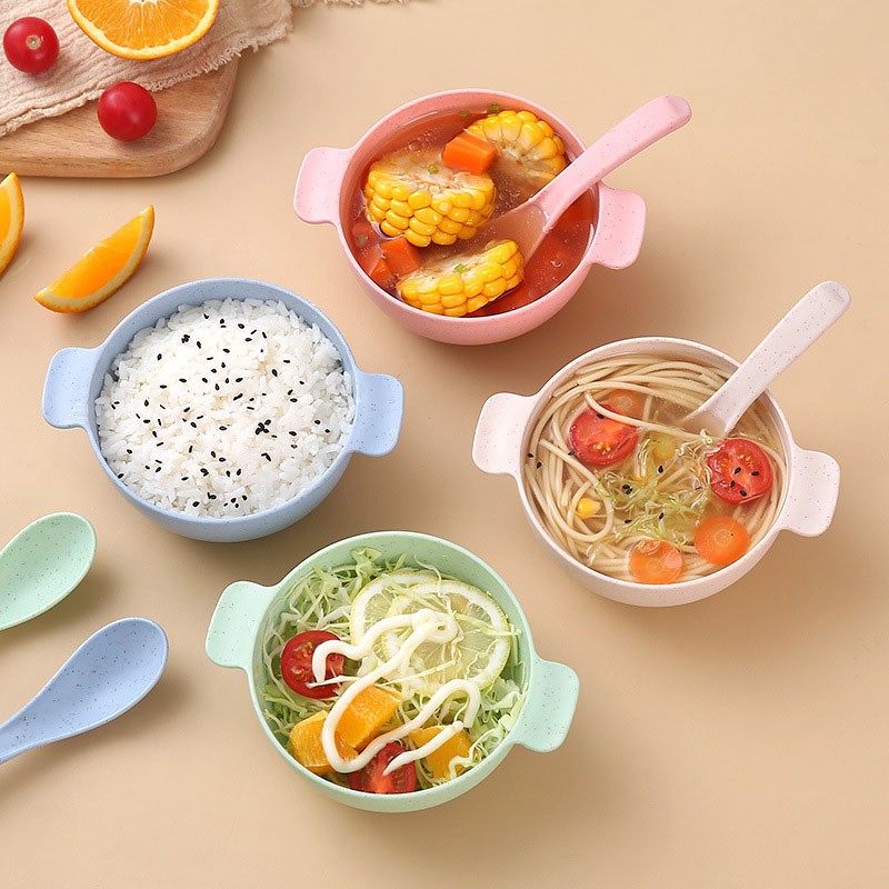 Bát Ăn Cơm Kèm Muỗng Và Nắp Đậy Bằng Lúa Mạch Thiết Kế Độc Đáo Sang Trọng Cho Trẻ Em