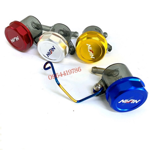 Bình dầu khói Nissin nhôm CNC gắn trước sau.Tặng tai bắt Titan
