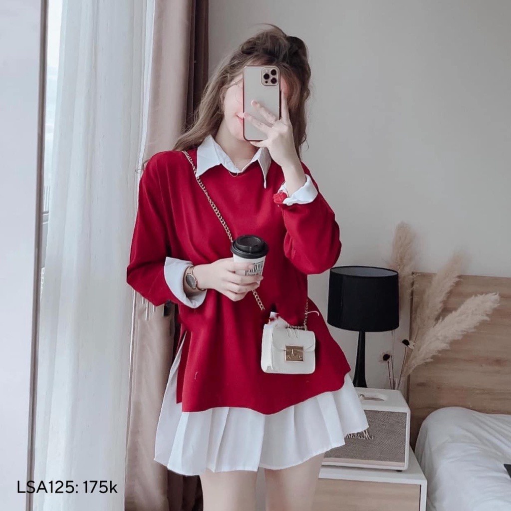TT 07 - nguyên bộ đầm sơ mi trắng phối kèm áo len gân đỏ hoặc đen, cực chất . giasi