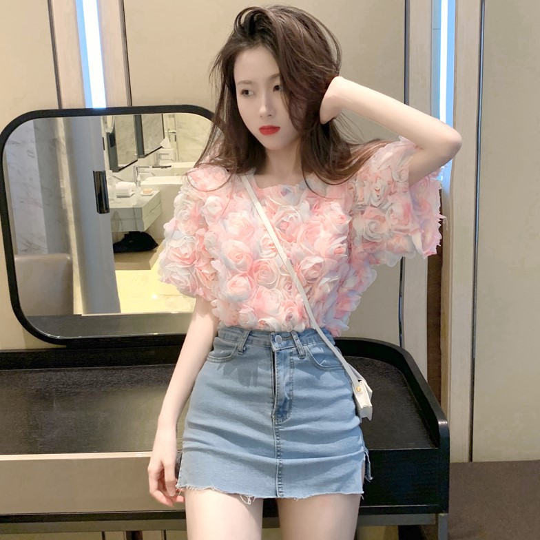 Áo nữ tay ngắn hoa hồng 3d cổ tròn lạ độc ulzzang