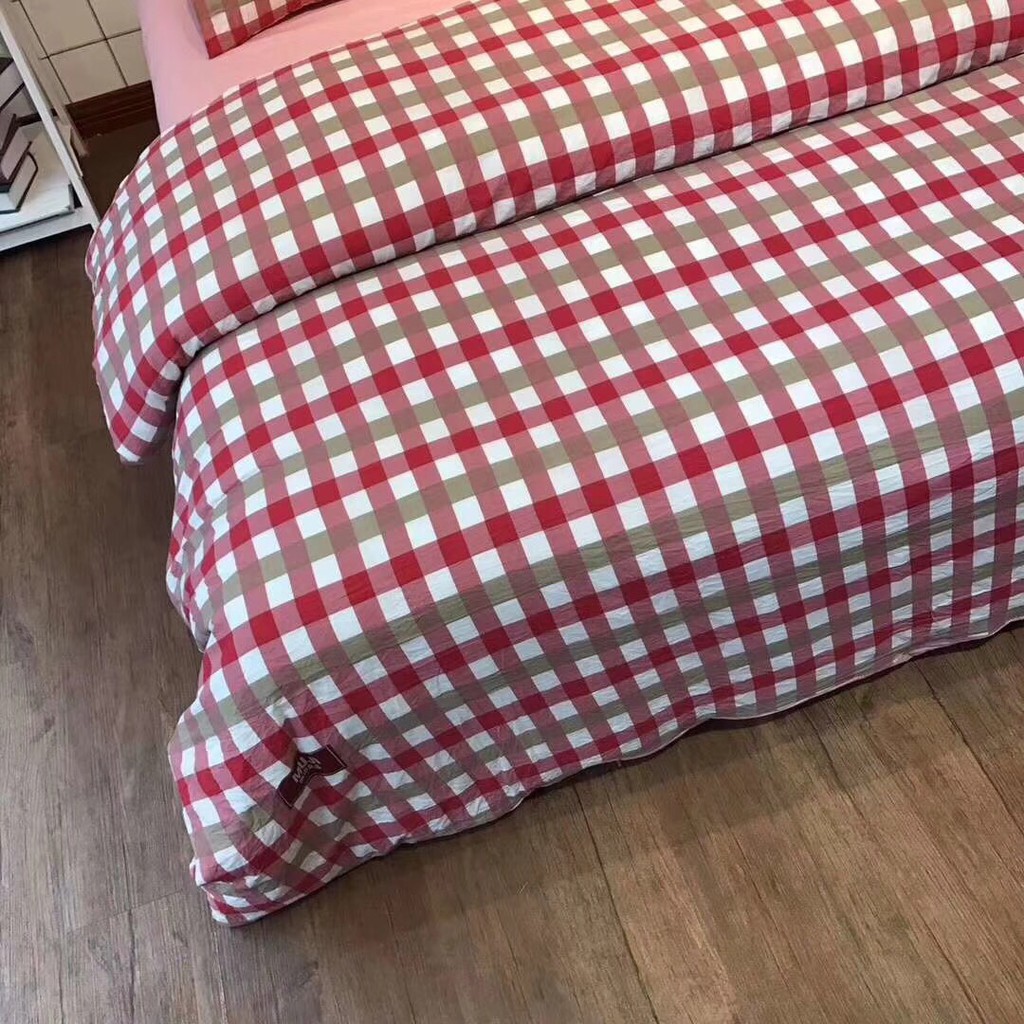 [ảnh thật] Bộ chăn ga gối đũi muji xuất nhật - kẻ đỏ giá rẻ