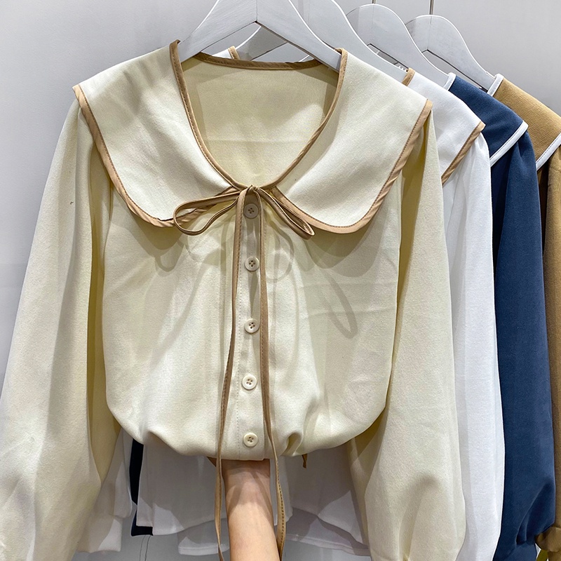 Áo sơ mi cardigan tay dài cổ búp bê thắt nơ thời trang mùa thu năm 2021 cho nữ